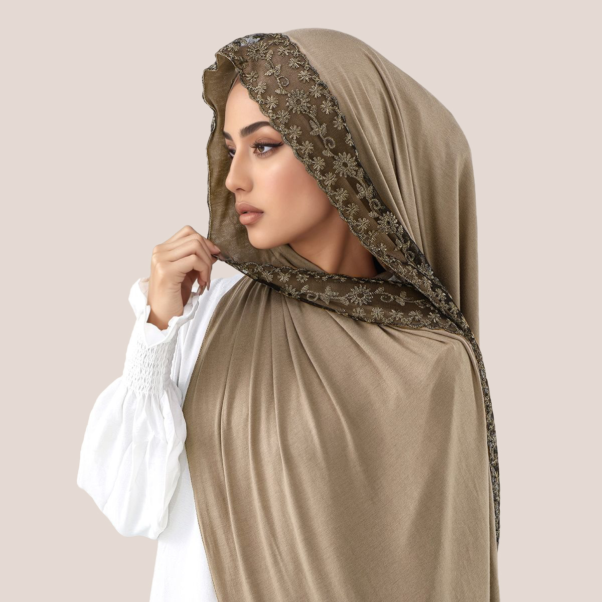 Women'S Fashion Jersey - Dantel İşlemeli Pamuklu Jersey Müslüman Başörtüsü