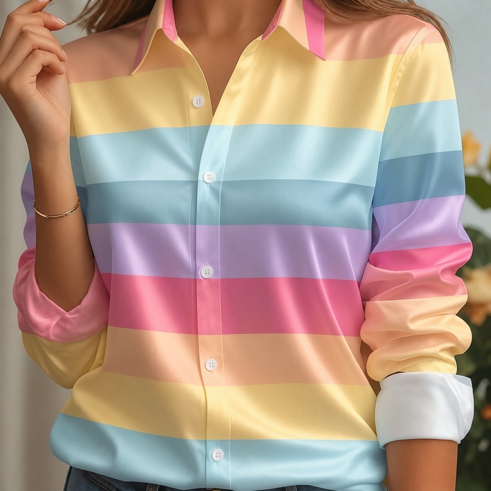 Women'S Fashion Jersey - Kadın Saten Yaka Gömlek Pastel Çizgili
