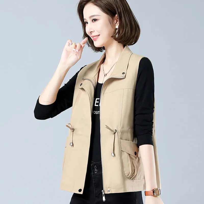 Women'S Fashion Utility Vest - Kadınlar için Hafif, Dik Yaka, İpli