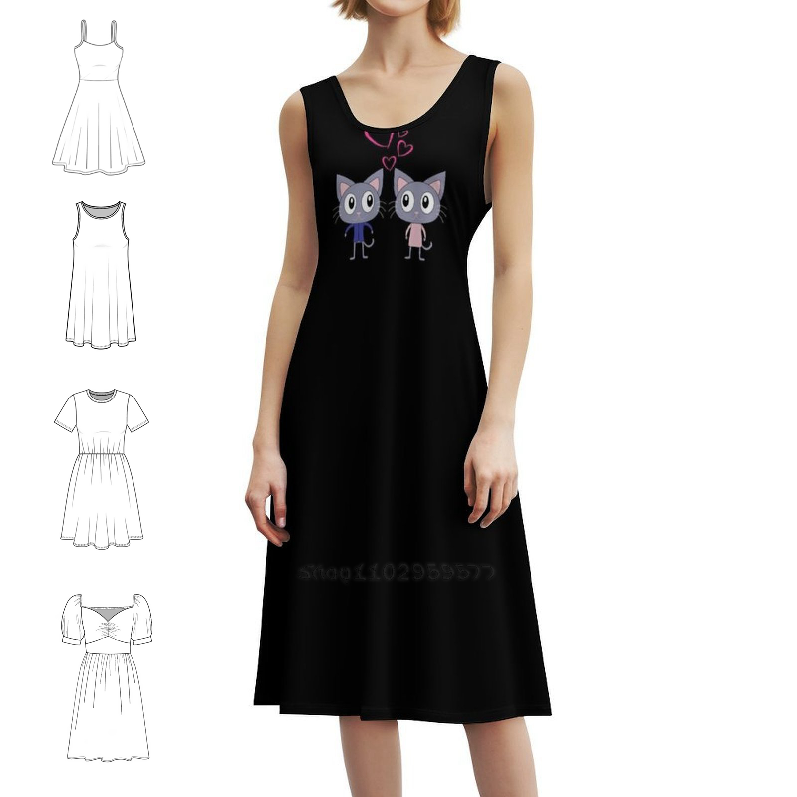 Smocked Dress Women - Sevimli Aşık Kediler Çiçek Desenli Elbise