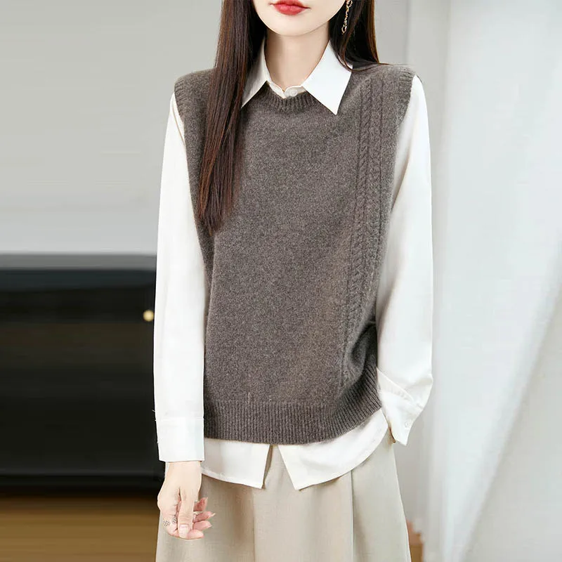 Knitted Vest Women - Merino Yün O Yaka Kolsuz Kadın