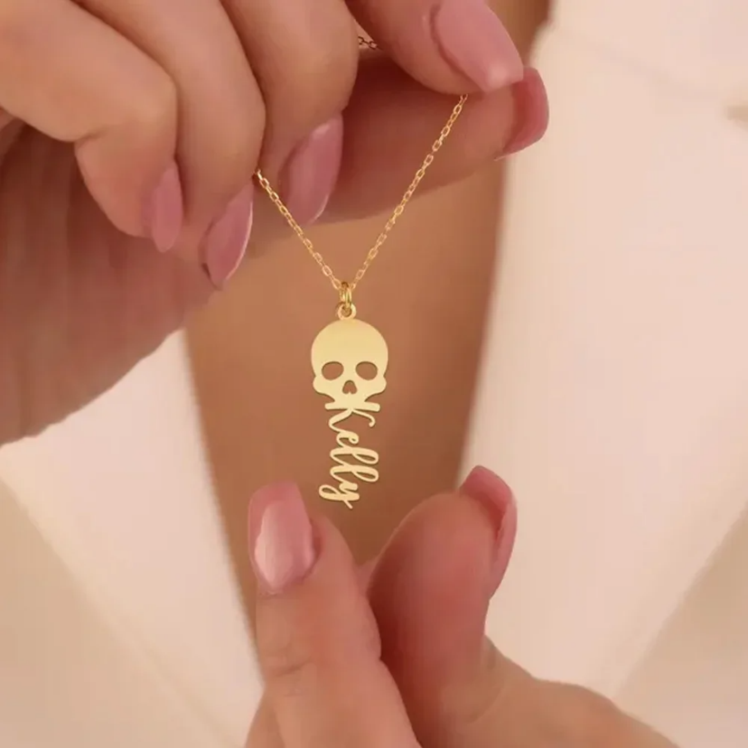 Women'S Fashion Edgy - Özel Kafatası Kolye Kişiselleştirilmiş İsim Kazıma