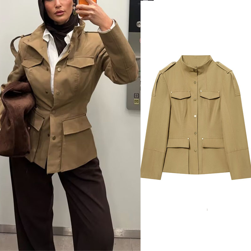 Women'S Fashion Utility Vest - Askeri Stil Yardımcı Ceket Kadın Haki